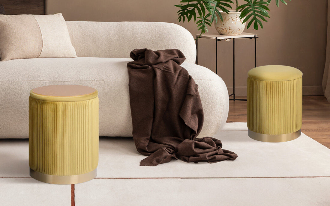 La Bella Mustard Velvet Flip-Top Ottoman Side Table Set of 2