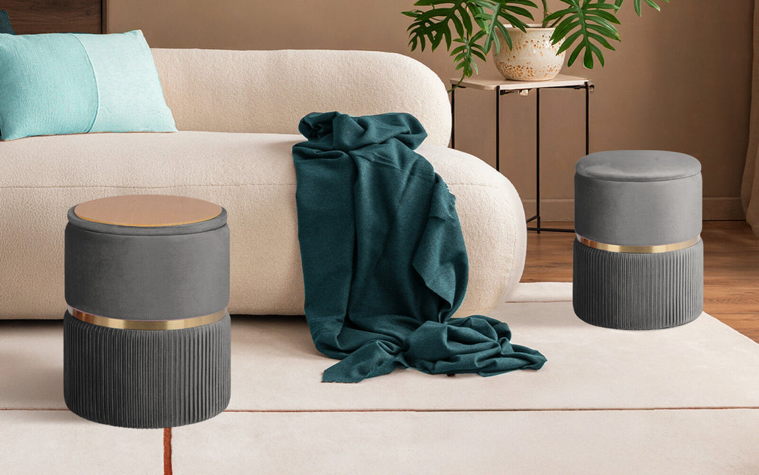 La Bella Grey Velvet Flip-Top Ottoman Side Table Set of 2