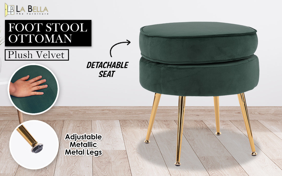 La Bella Velvet Ottoman Footstool With Gold Metal Legs Green