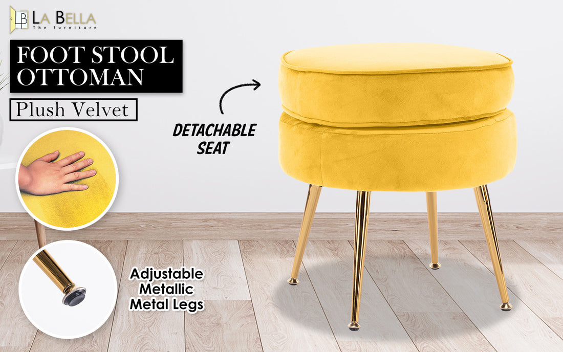 La Bella Velvet Ottoman Footstool Round Yellow