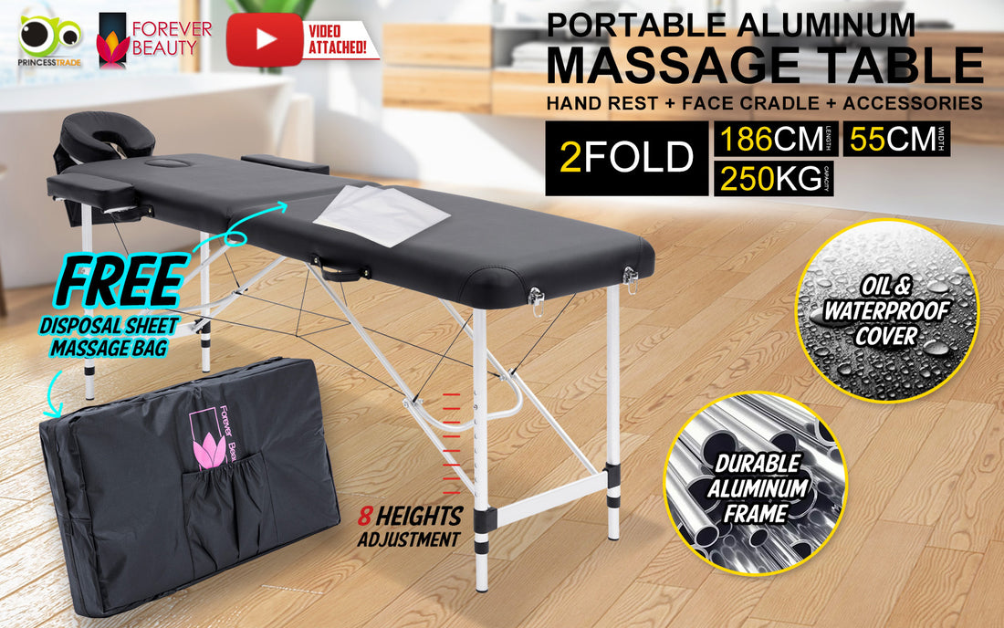 Forever Beauty Aluminium Massage Table 2 Fold Height Adjustable 68-89cm Black
