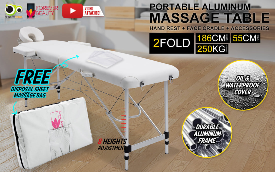 Forever Beauty Aluminium Massage Table 2 Fold Height Adjustable 68-89cm White