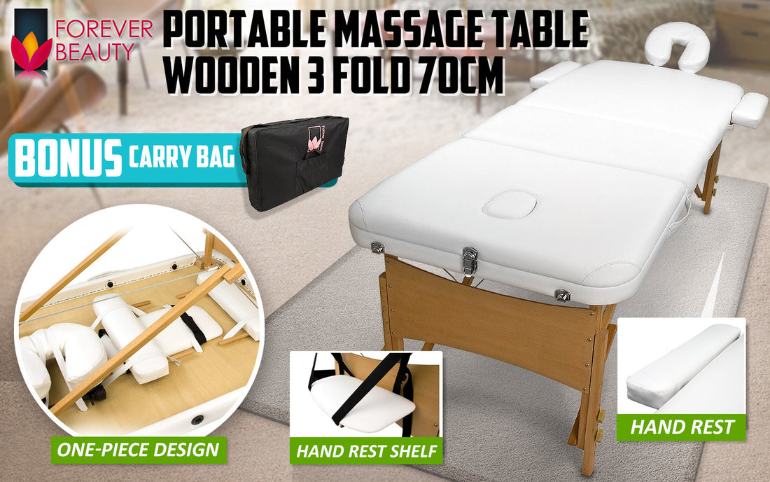 Forever Beauty Portable Massage Table 70cm 3 Fold Wooden White