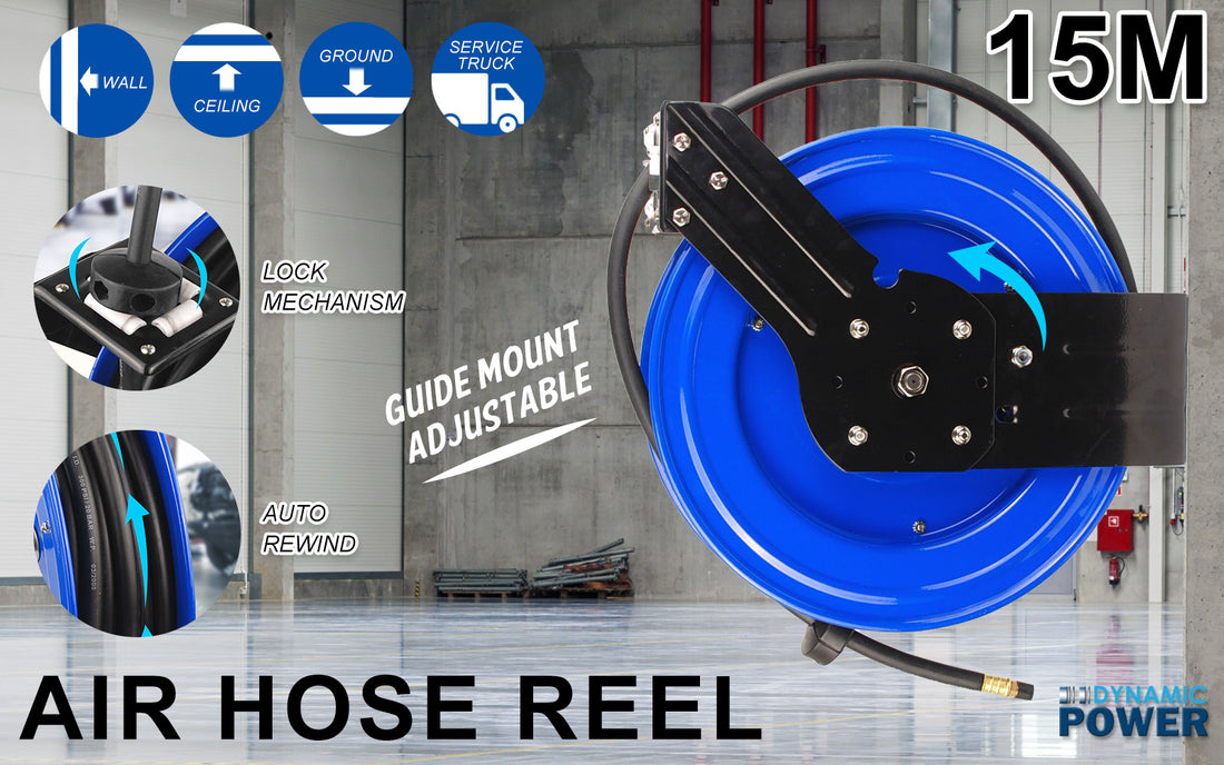 Dynamic Power Auto Retractable Air Hose Reel 15m Steel 300PSI