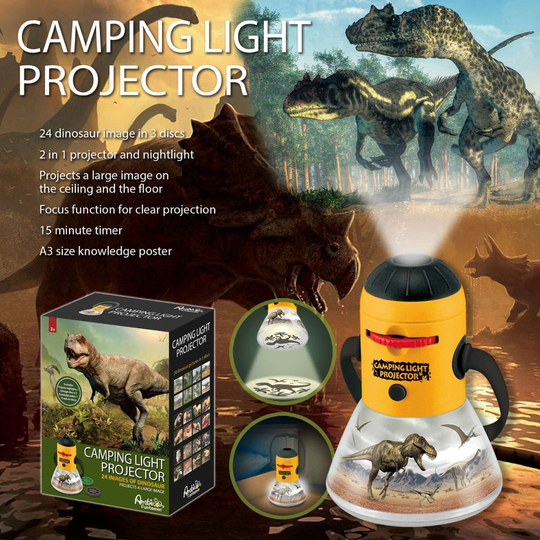 Ambo Funtamin Dinosaur Night Light Projector 24 Images Green Yellow