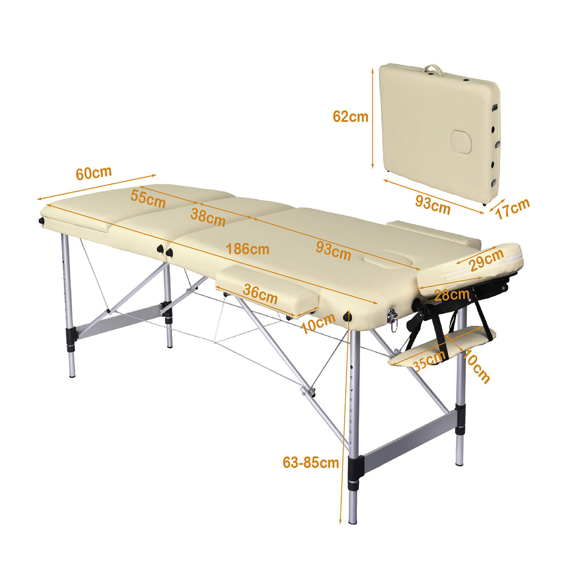 YES4HOMES Aluminium Massage Table 3 Fold Height Adjustable 68-85cm Beige