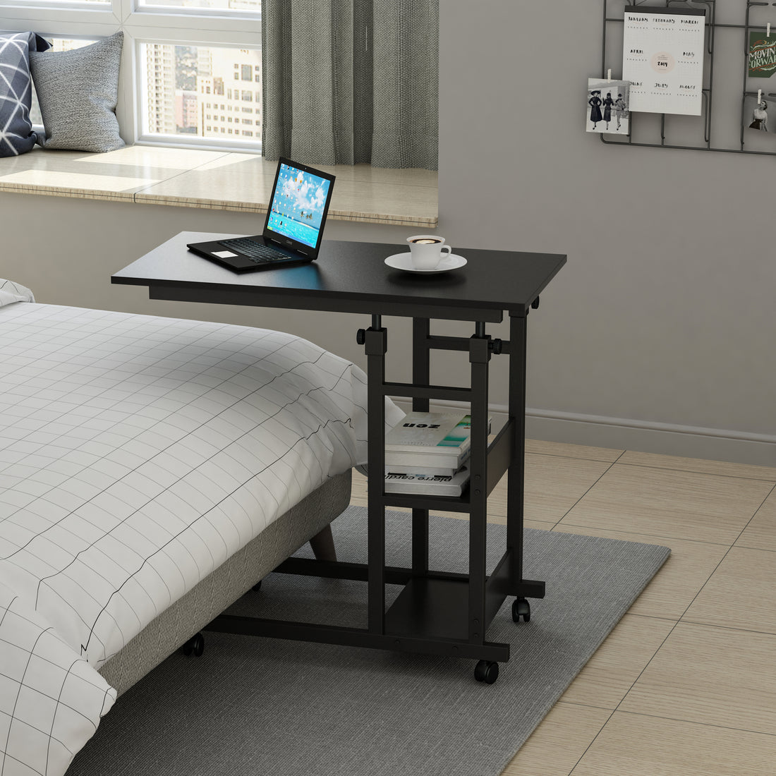YES4HOMES Adjustable Side Table with Double Storage Shelves Wheels