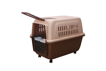 YES4PETS Large Plastic Pet Carrier with Wheels and Handle Brown