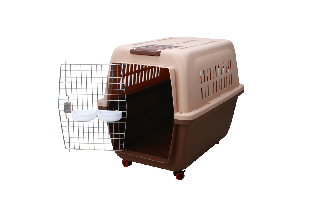 YES4PETS XL Portable Plastic Pet Carrier 99cm Brown with Wheels and Handle