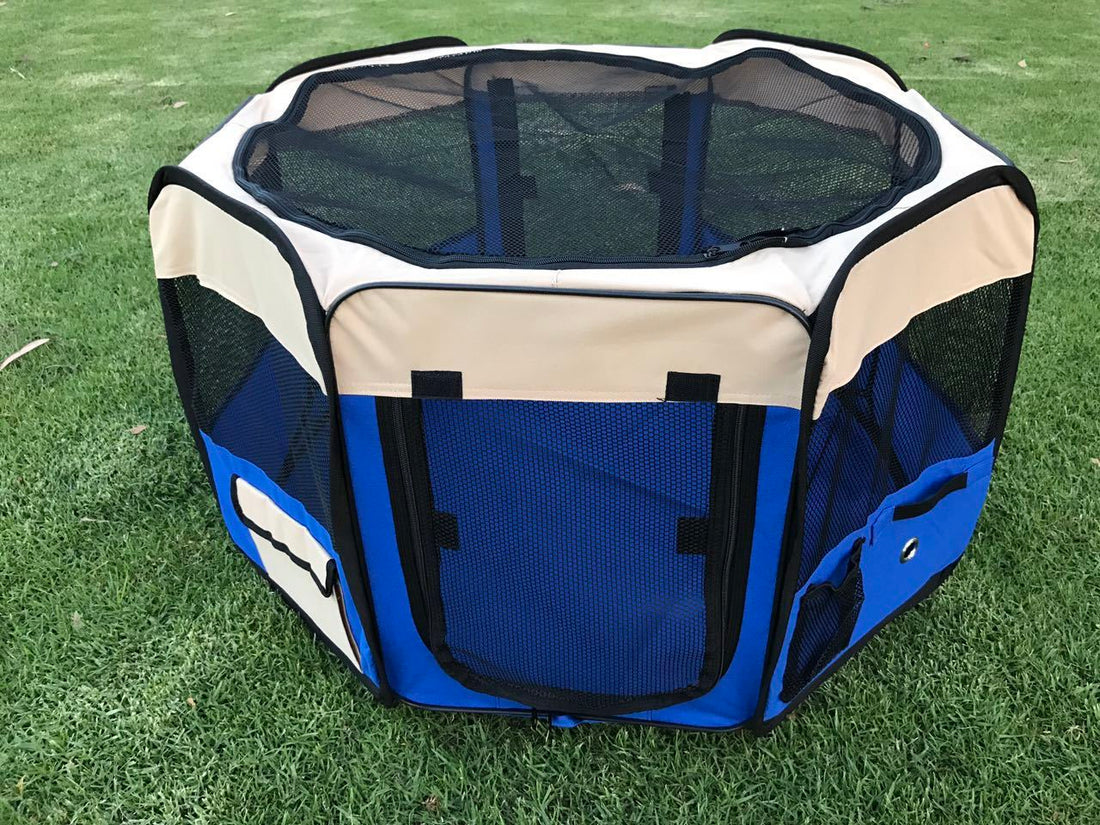 YES4PETS Portable Dog Playpen with 2 Zip Doors Blue