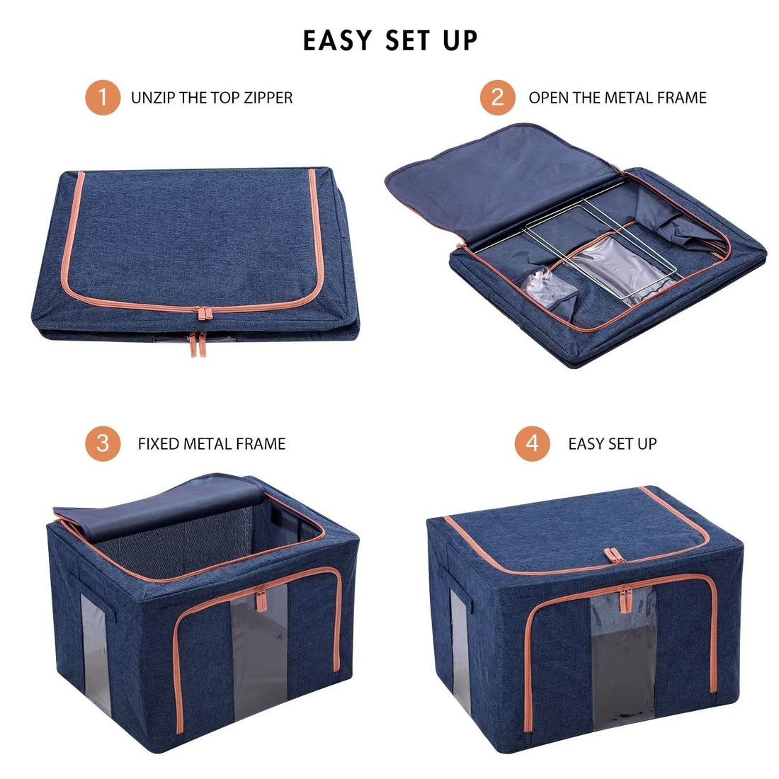 100L Foldable Linen Storage Box with Metal Frame Blue
