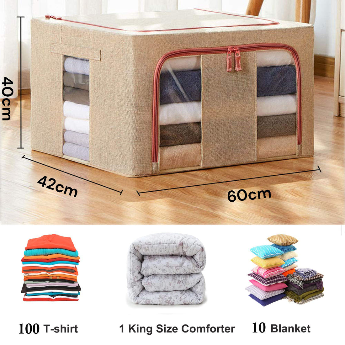 Vortaz Cream Cloth Storage Box for Wardrobe 100L