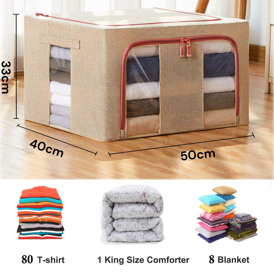 Vortaz Cream Cloth Storage Box for Wardrobe 66L