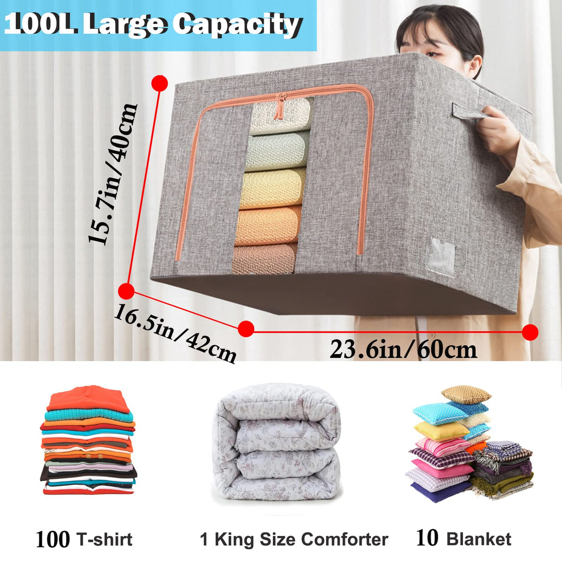 Vortaz Grey Cloth Storage Box for Wardrobe 100L