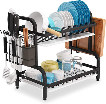 Vortaz 2 Tier Dish Drying Rack with Drain Trays Stainless Steel Black