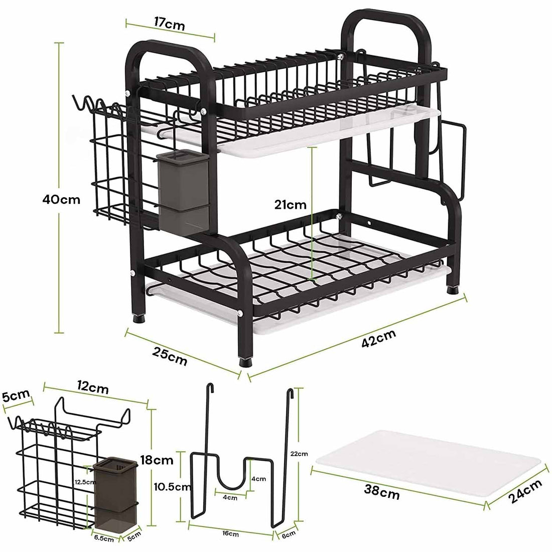 Vortaz 2 Tier Dish Drying Rack with Drain Trays Stainless Steel Black