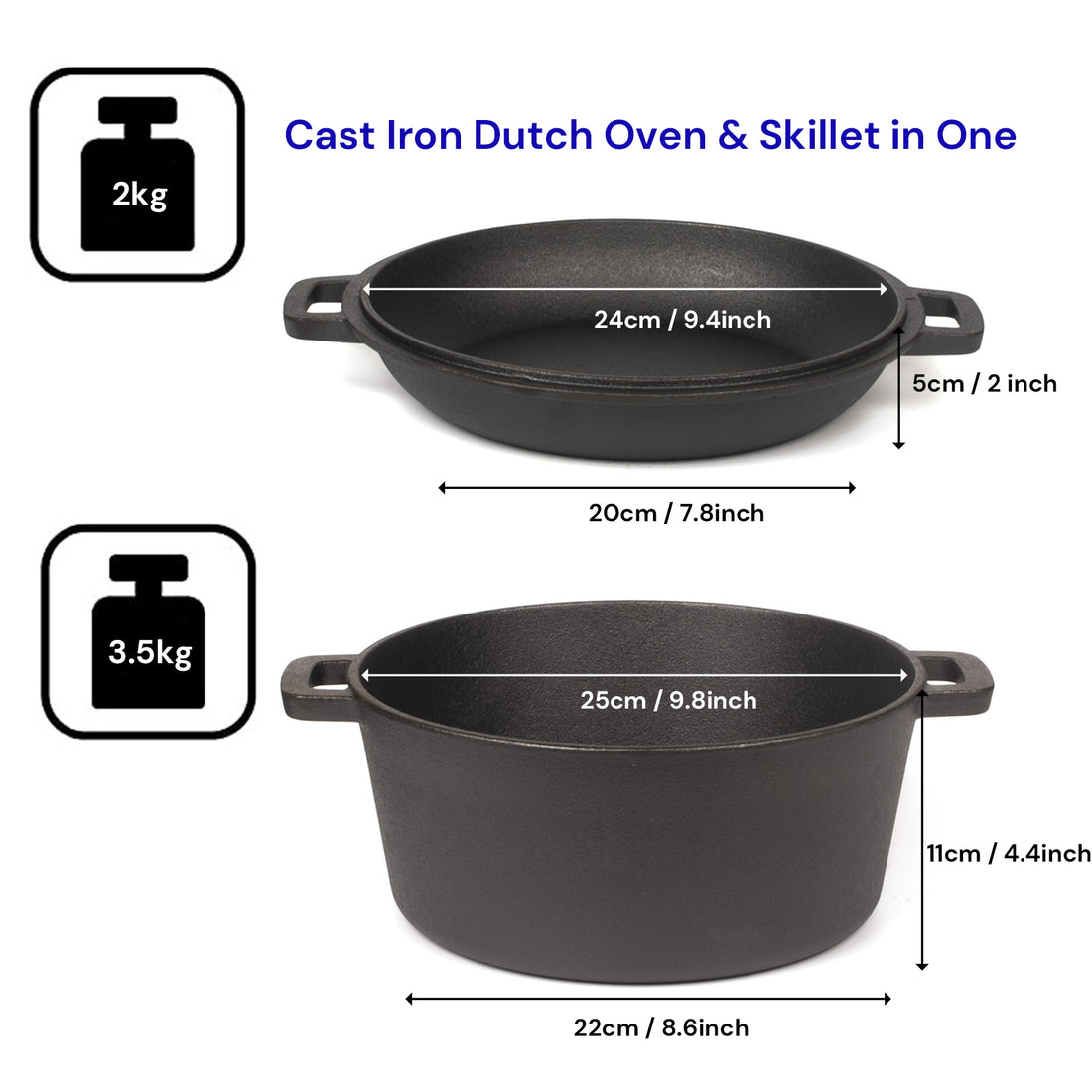 Cast Iron Dutch Oven and Skillet 2-in-1 Set 26cm Pre-Seasoned