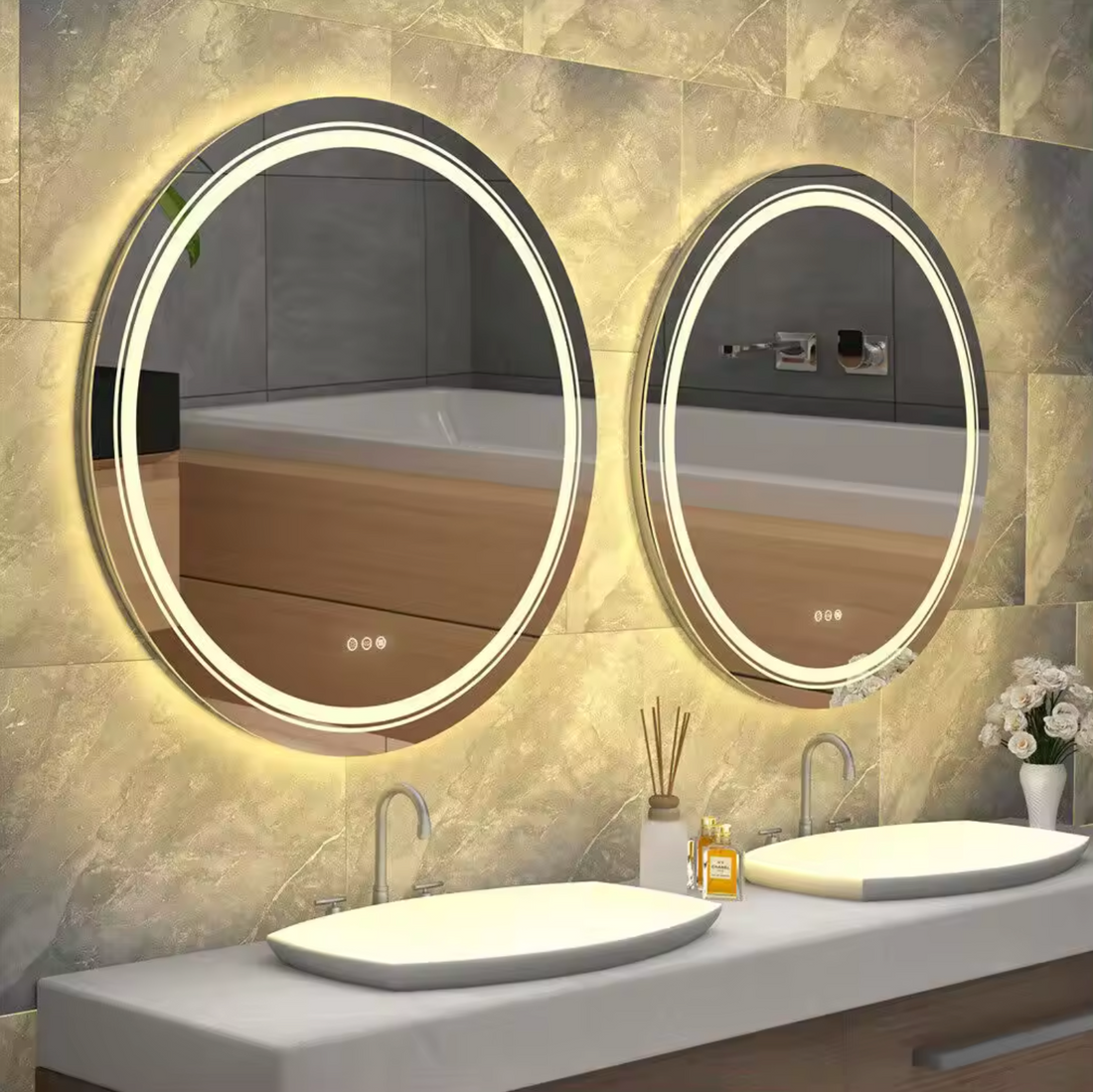 Interior Ave Round LED Bathroom Mirror Dual Light Anti-Fog 90cm