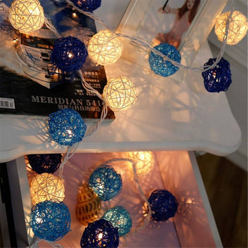 Vortaz LED Rattan Ball String Lights Blue White 50 Balls Battery 5m