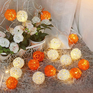 Vortaz Rattan Ball String Lights 50 LED Battery Powered 5m Orange White