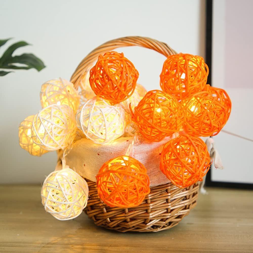 Vortaz Rattan Ball String Lights 50 LED Battery Powered 5m Orange White
