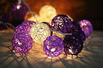 Vortaz Rattan Ball String Lights 50 LED Battery Powered 5m Purple White