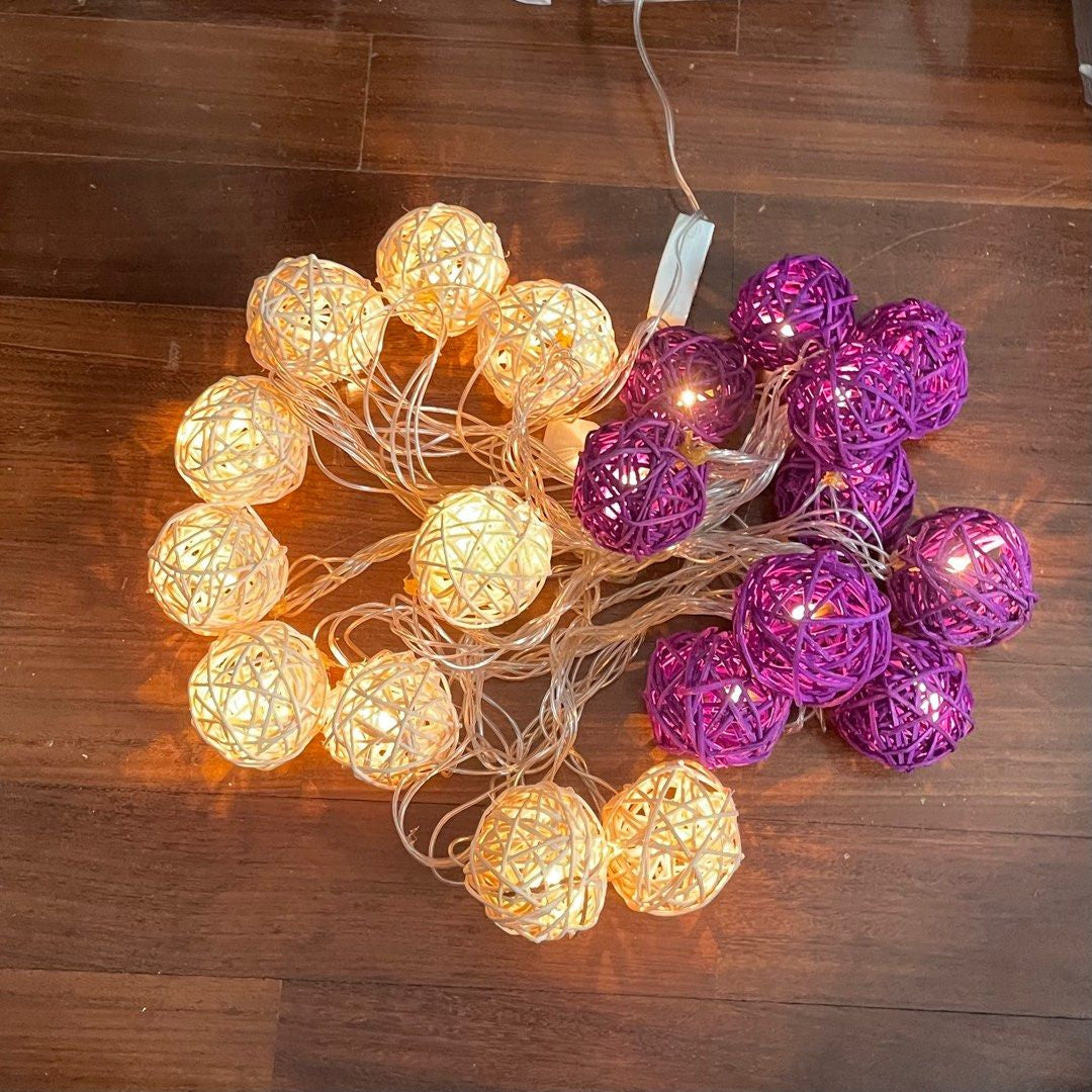 Vortaz Rattan Ball String Lights 50 LED Battery Powered 5m Purple White