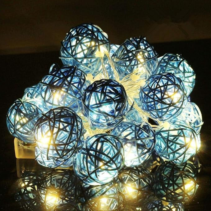 Vortaz Rattan Ball String Lights 50 LED Battery Powered 5m Turquoise Blue