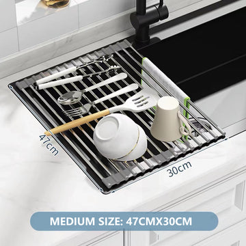 Roll-Up Dish Drying Rack Silicone Heat Resistant Over Sink 304 Stainless Steel Medium