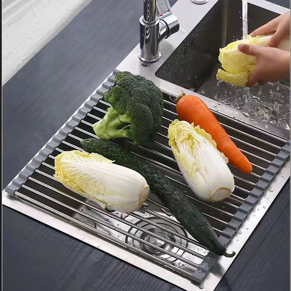 Roll-Up Dish Drying Rack Silicone Heat Resistant Over Sink 304 Stainless Steel Medium