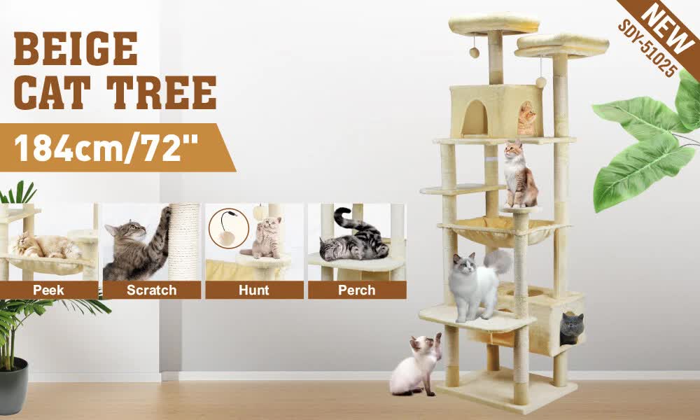 VaKa Cat Tree 8-Level Tower Large Cat Hammock Sisal Scratching Post 184cm