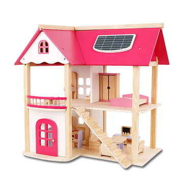 Wooden Doll House 2-Level with Furniture Set Pink