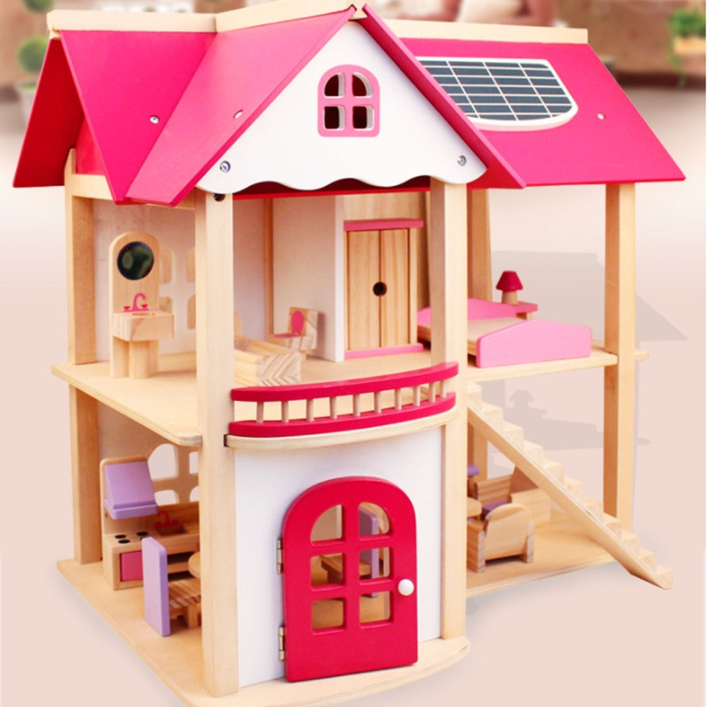 Wooden Doll House 2-Level with Furniture Set Pink
