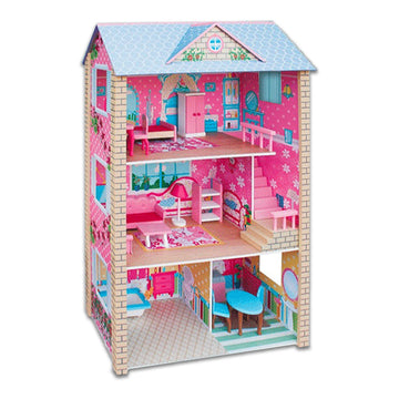 Large Wooden Doll House 3-Level 17-Piece Furniture Set