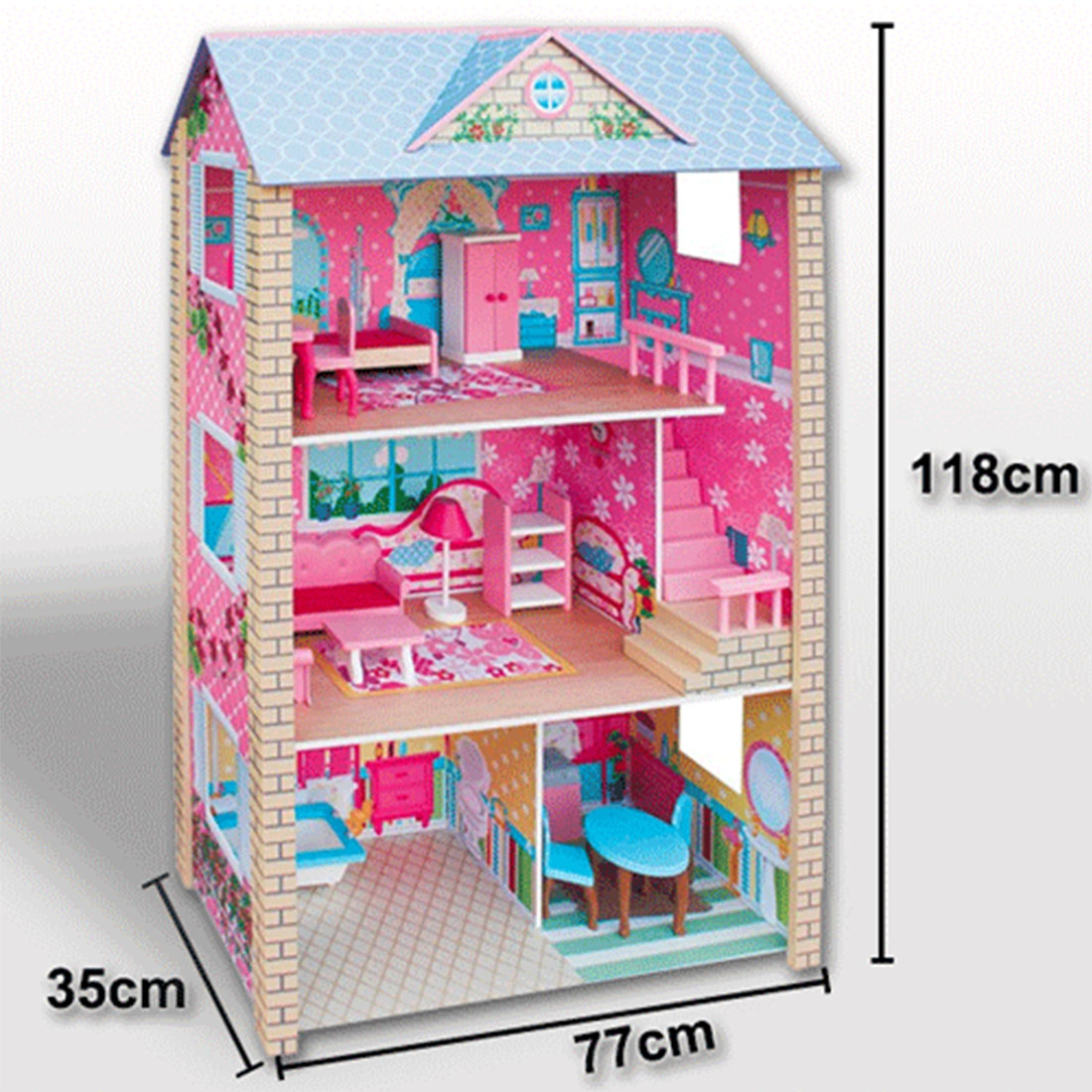 Large Wooden Doll House 3-Level 17-Piece Furniture Set