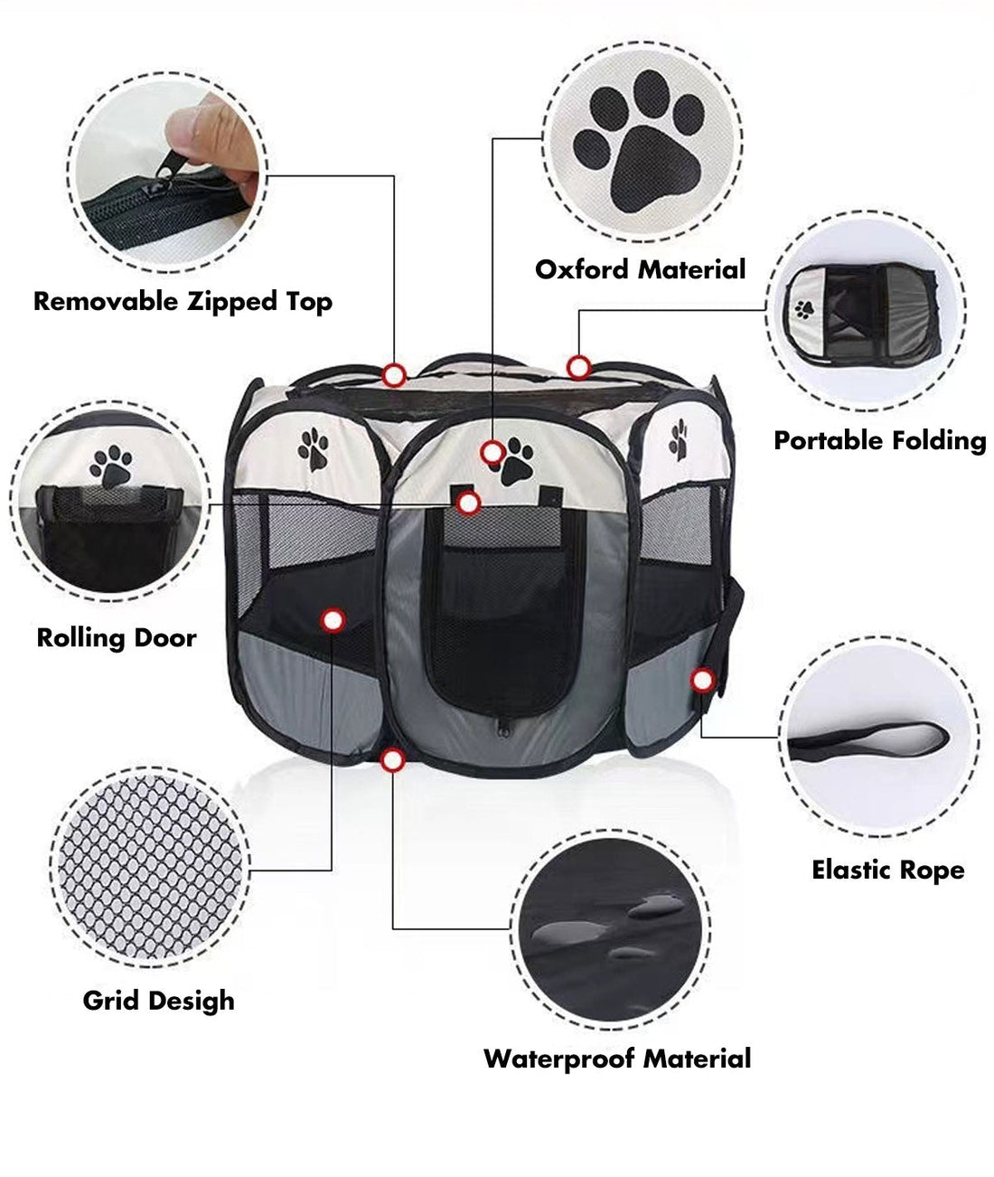 Portable Pet Playpen with Removable Top 91x91x58cm Grey