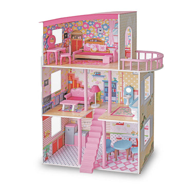 Large Wooden Doll House 3-Level with Furniture Set Pink