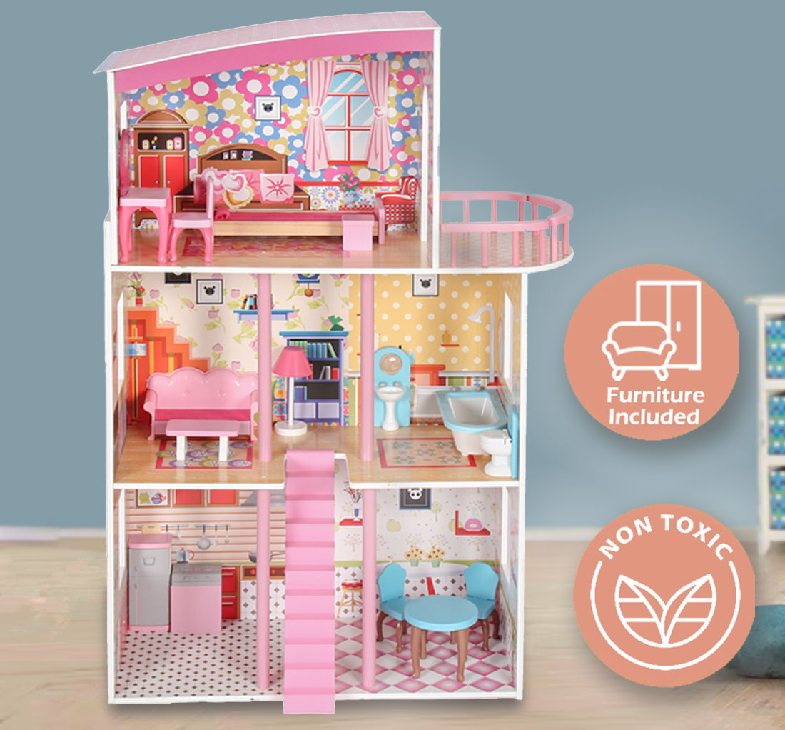 Large Wooden Doll House 3-Level with Furniture Set Pink