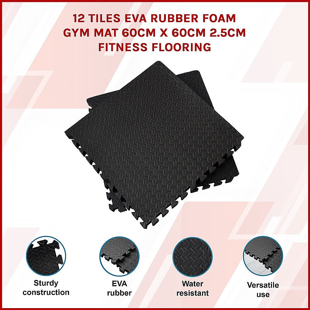 12 Pack EVA Foam Gym Mat Tiles Interlocking 60x60cm Home Gym Flooring