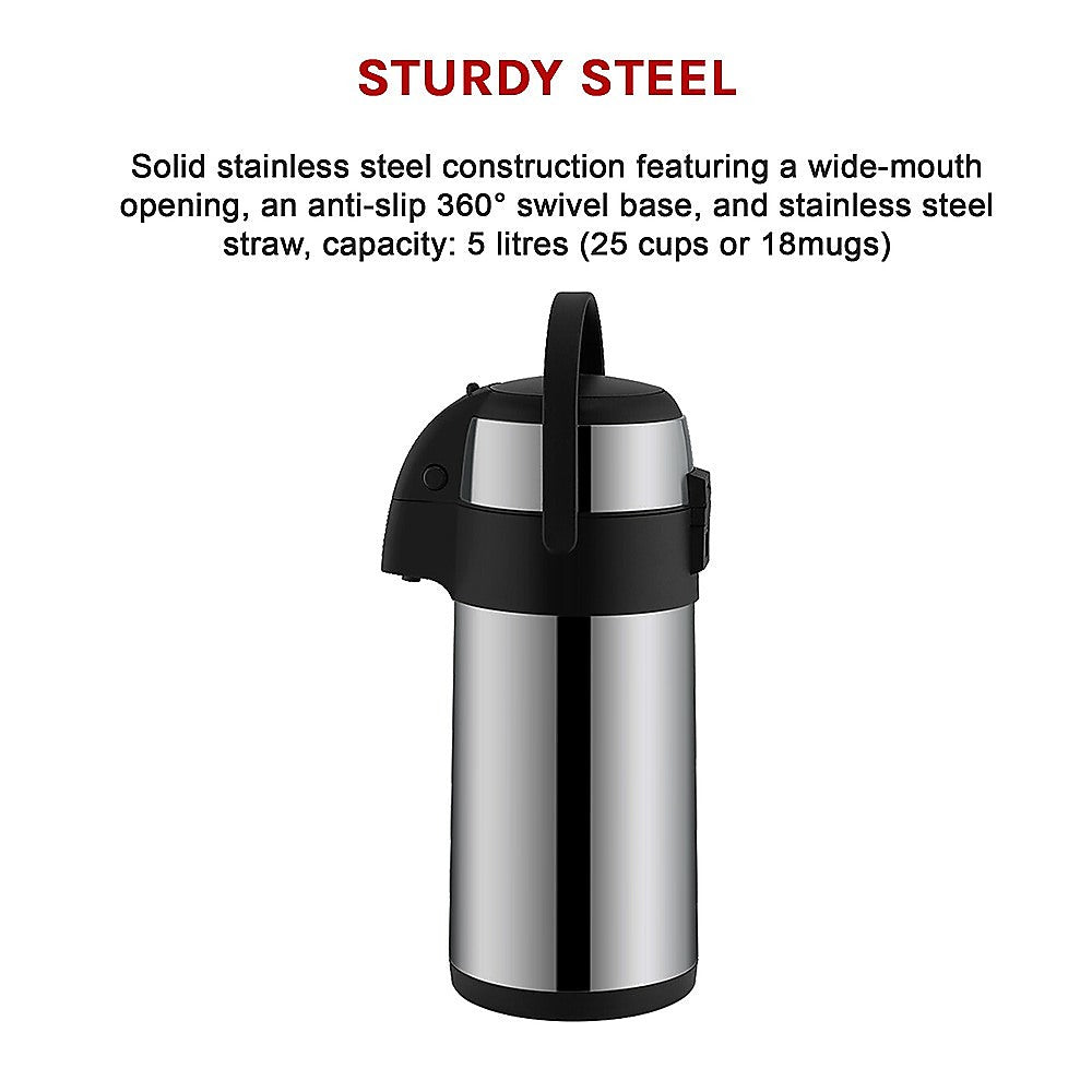 5L Thermal Airpot Flask Pump Action Dispenser Stainless Steel