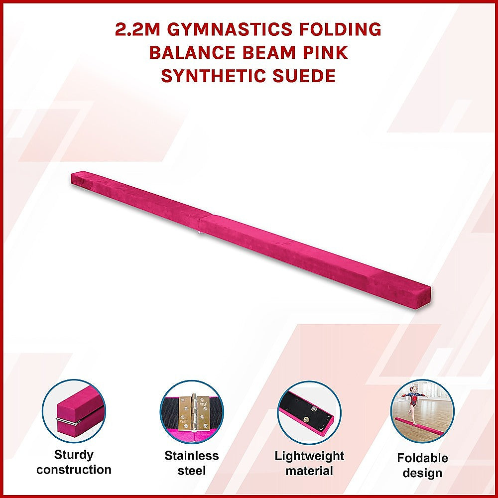 2.2m Folding Gymnastics Balance Beam Pink Synthetic Suede