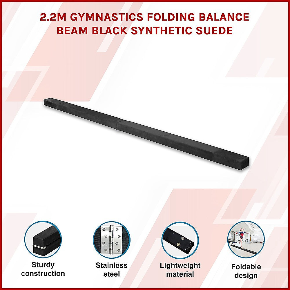 2.2m Folding Gymnastics Balance Beam Black Synthetic Suede