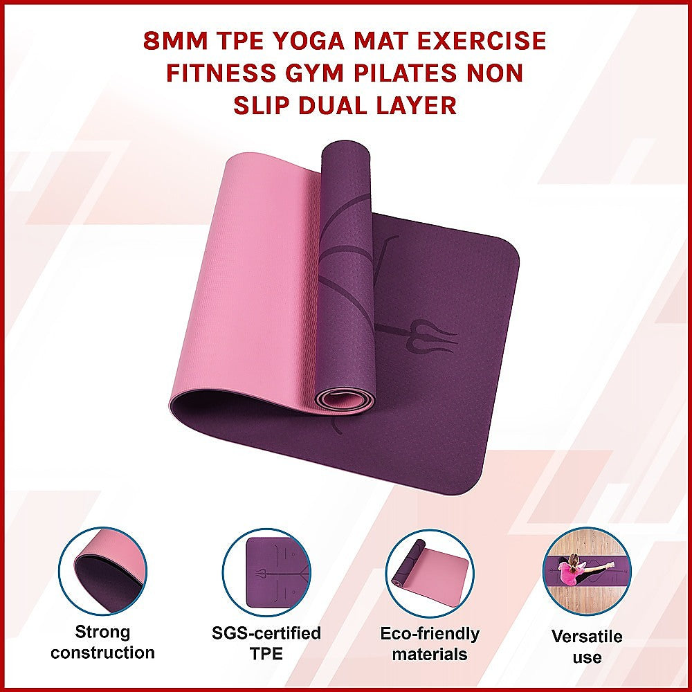Dual-Layer TPE Yoga Mat 8mm Pink Purple Alignment Lines 183x61cm
