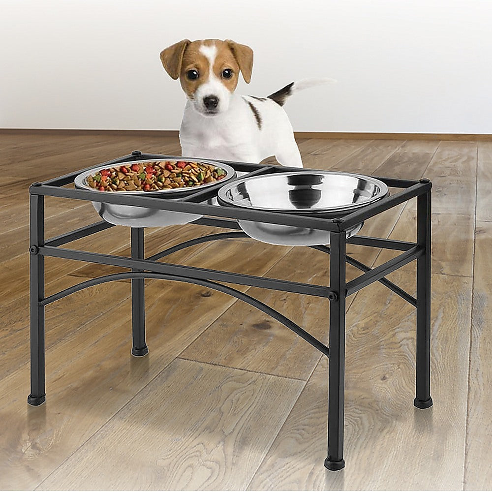 Elevated Dog Feeder Stand Dual Stainless Steel Bowls 50cm Black