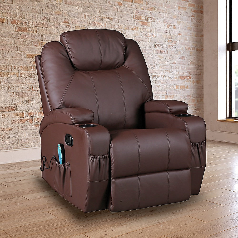 Vortaz Heated Massage Recliner Chair PU Leather Brown