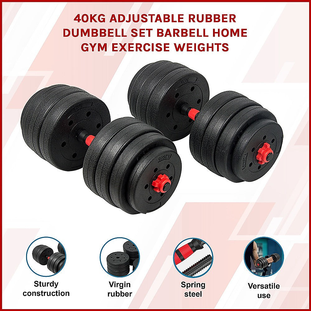 40kg Adjustable Dumbbell Set Rubber Weight Plates Red Black