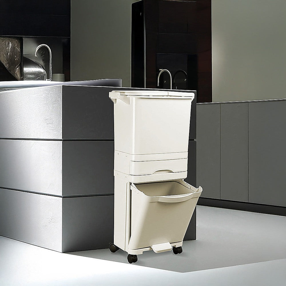42L Pedal Rubbish Bin 3 Compartment Recycling Light Beige