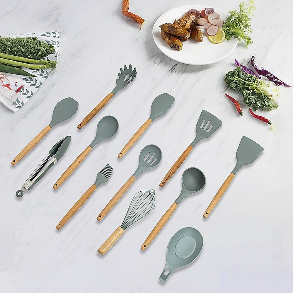 13-Piece Silicone Kitchen Utensils Set Cooking Baking Woodtone