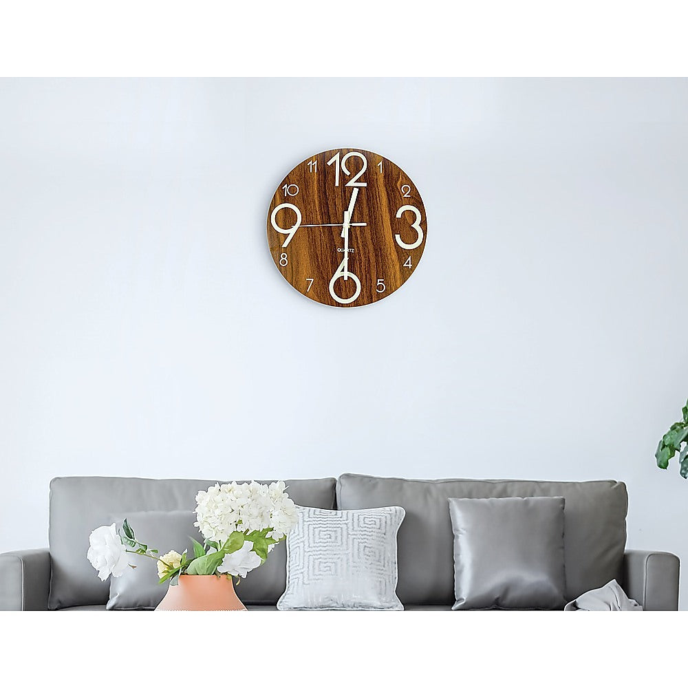 Glow-in-the-Dark Wall Clock Luminous Quartz Walnut 30cm