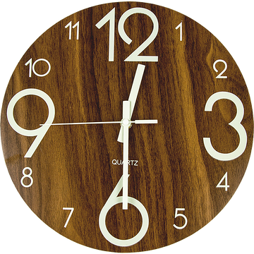 Glow-in-the-Dark Wall Clock Luminous Quartz Walnut 30cm